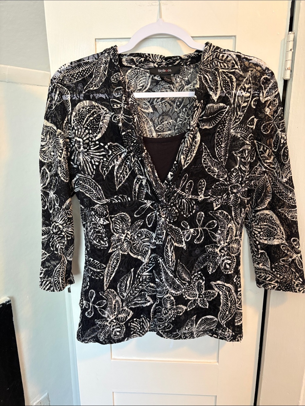 Style & Co. Black and White Floral V-Neck Blouse